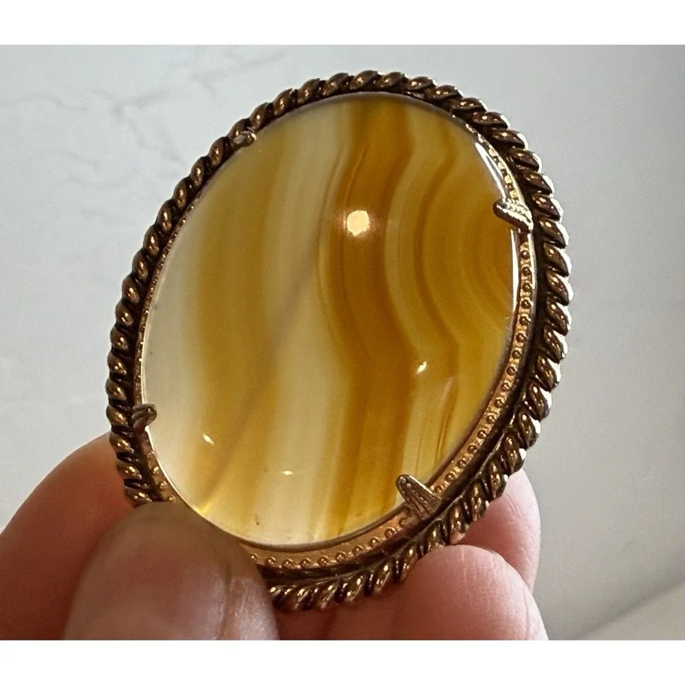 Vintage Orange Banded Agate Twisted Rope Oval Large Brooch Pin Retro‎ Silver